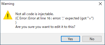 Not all code is injectable. C Error:Error at line 16 error: ;expected got=